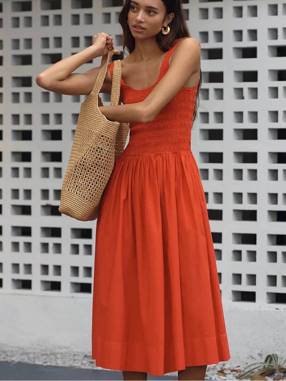 Anthropologie PISTOLA Alessia Smocked Tank Midi Dress in Red